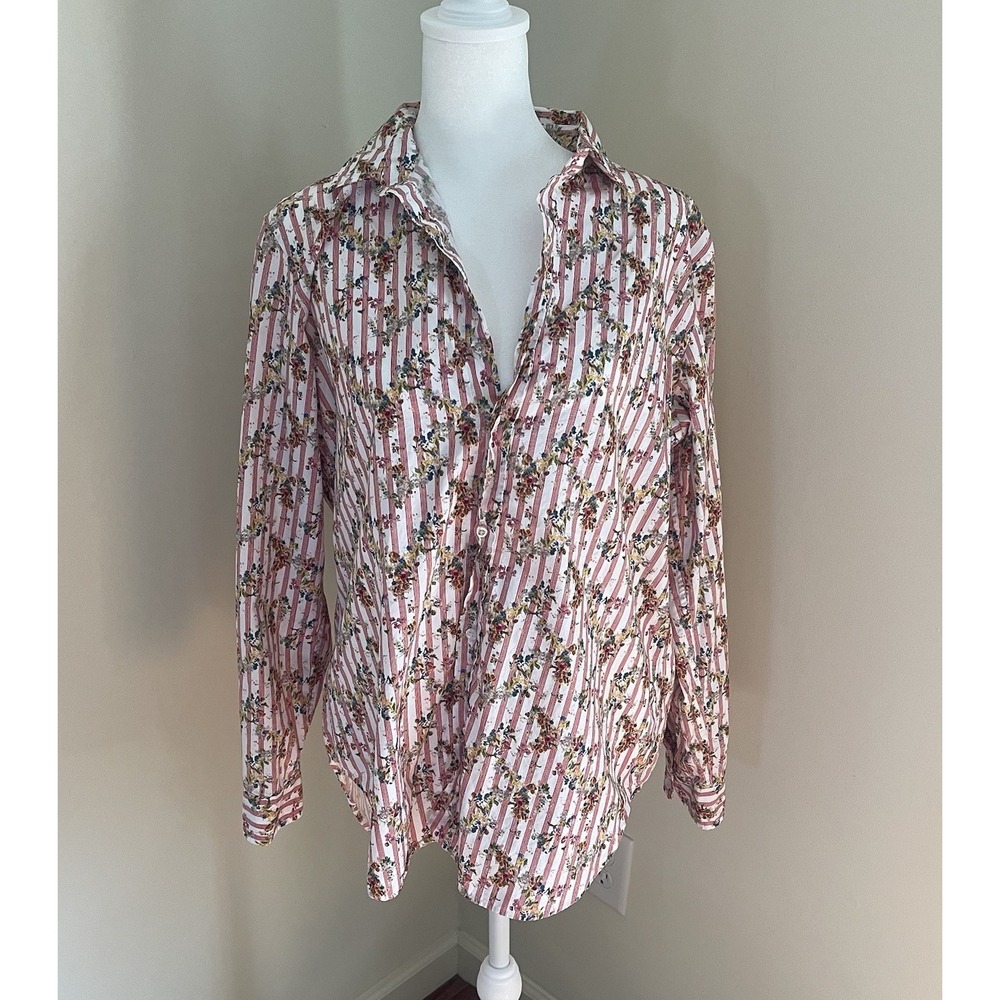 Frank & Eileen Shirt Frank Red Mini Stripe Flowers L Relaxed Fit Womens Buttons